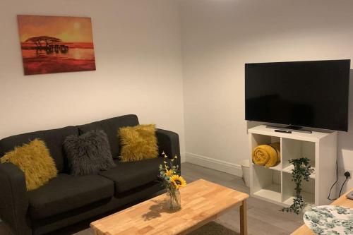 a living room with a couch and a flat screen tv at Luxury 2 Bedroom apartment in King's Cross in London