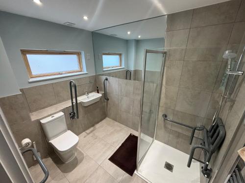 a bathroom with a toilet and a glass shower at Ashwood House at Thoulstone Park in Corsley