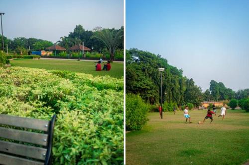 two pictures of people in a park with a bench at Royal Park Hotel Dockyard in Mumbai