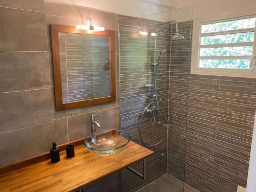 uma casa de banho com um lavatório de vidro e um chuveiro em Jolie villa F4 vue mer em Rivière-Salée