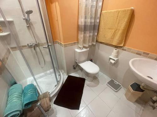 een badkamer met een douche, een toilet en een wastafel bij Mellieha Apartment in Mellieħa