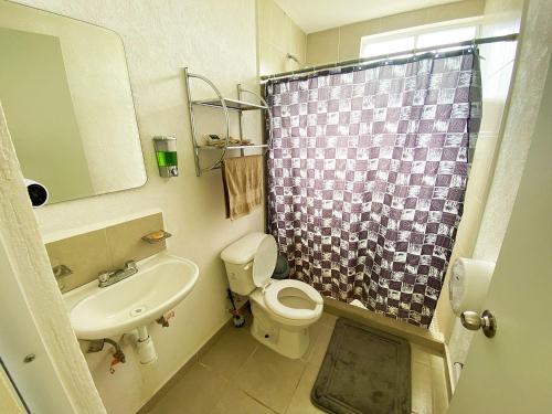 ein Bad mit einem WC, einem Waschbecken und einer Dusche in der Unterkunft Espacio Yuca con Rooftop Privado, Alberca, Parking, Tren Maya cercano in Playa del Carmen