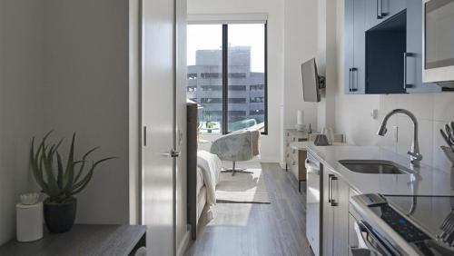 eine weiße Küche mit einem Waschbecken und einem Fenster in der Unterkunft Landing - Modern Apartment with Amazing Amenities (ID1401X749) in Nashville