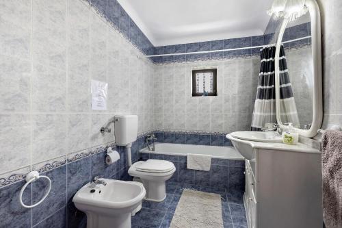a blue and white bathroom with a toilet and a sink at Casa Brita in Raposeira