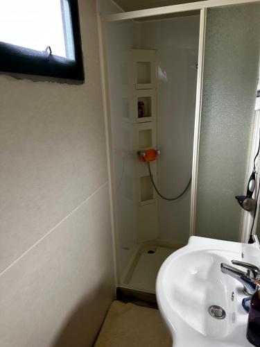 La salle de bains est pourvue de toilettes et d'un lavabo. dans l'établissement Mobile Home Italy, à Porlezza