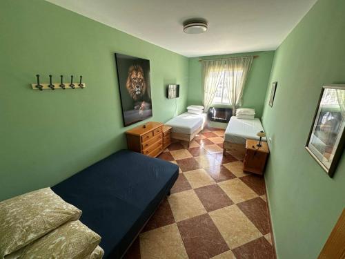 a bedroom with green walls and a bed and a couch at Moto Vila Groot in Tabernas