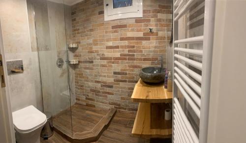 a bathroom with a shower and a sink and a toilet at Casa di Porto in Neos Marmaras