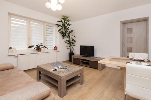 ein Wohnzimmer mit einem Sofa und einem Tisch in der Unterkunft Beautiful Apartments in a Quiet Area of Gdynia by Renters in Gdynia