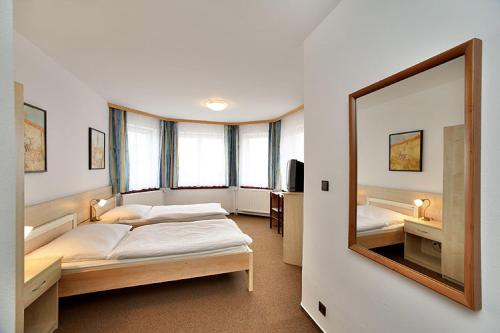 1 dormitorio con cama y espejo grande en HOTEL RAJSKY, en Český Krumlov