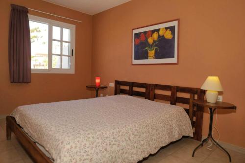 聖克魯斯－德特內里費的住宿－2 bedrooms appartement with shared pool terrace and wifi at Costa Adeje，一间卧室设有一张床和一个窗口