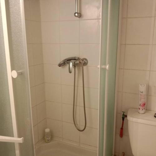 une douche avec pommeau de douche dans une salle de bain dans l'établissement Studio cabine équipée pour 4 personnes 4CALYI/2, à Canet