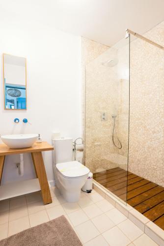 a bathroom with a toilet and a sink and a shower at La Iaz in Murighiol