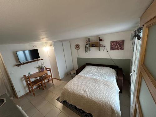 um quarto com uma cama, uma mesa e uma televisão em Studio Sanae em Lézignan-Corbières