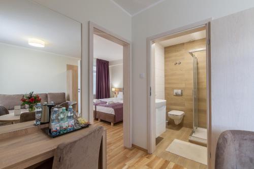 een hotelkamer met een badkamer en een slaapkamer bij Silesia Krynica in Krynica Zdrój