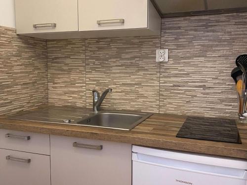 une cuisine avec un évier et un plan de travail dans l'établissement Coquet Studio Climatisé avec Balcon et Wi-Fi près du Parc à Balaruc-les-Bains - FR-1-553-242, à Balaruc-les-Bains