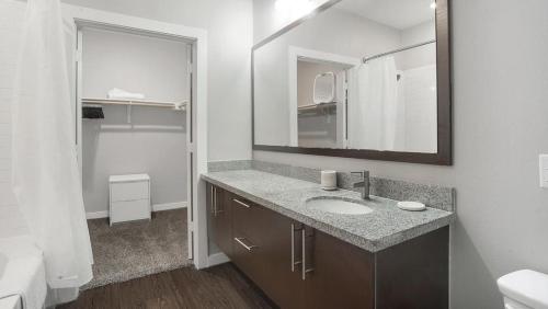 bagno con lavandino e specchio di Landing Modern Apartment with Amazing Amenities (ID1368X501) a Cedar Park