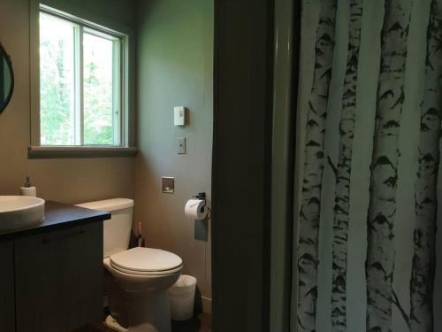 a bathroom with a toilet and a shower curtain at Chalet Chic Shack - Un endroit paisible in Frampton