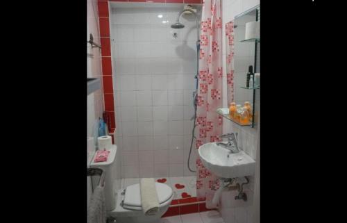 y baño con lavabo, aseo y ducha. en Koùros apartment!, en Pireo