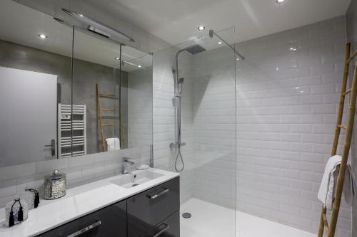 een badkamer met een wastafel en een glazen douche bij Aux Berges du Rhône, Spacieux T3 Climatisé in Lyon