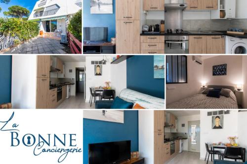 un collage de photos d'une cuisine et d'une architecture de maison dans l'établissement Le bleu horizon * Terrasse * clim * Parking * wifi * Calme * Cosy, à La Grande Motte
