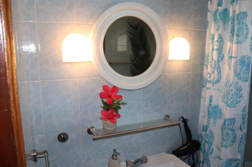 een badkamer met een spiegel en een wastafel met rode bloemen bij Casa Barbara in Armação de Pêra