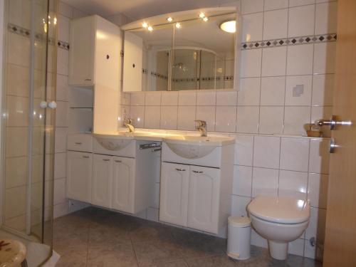 a bathroom with a sink and a toilet and a mirror at Fischerhäusle in Oberried