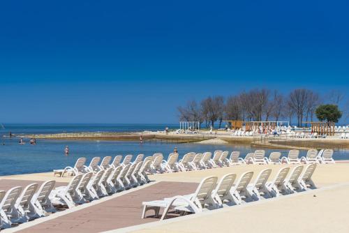 una fila di sedie bianche sulla spiaggia di Apartments Polynesia Plava Laguna a Umag (Umago)