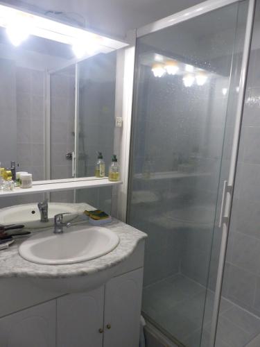 une salle de bain avec un lavabo et une douche en verre dans l'établissement St Cyprien Maison de vacances climatisée avec jardin, à Saint-Cyprien