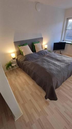 een slaapkamer met een groot bed met 2 lampen bij Free Parking Center Of The City Studio Aalborg in Aalborg