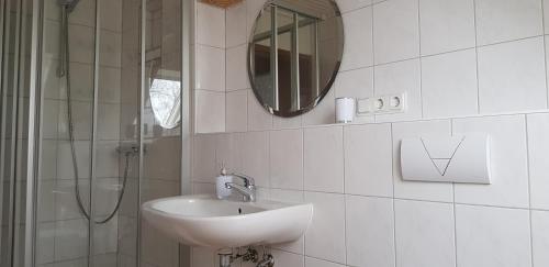 ein Bad mit einem Waschbecken, einem Spiegel und einer Dusche in der Unterkunft Vogels Ferienhaus in Kreideseenähe in Hemmoor