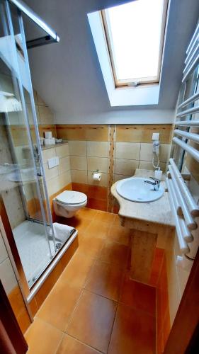 a bathroom with a toilet and a sink and a shower at Malachit Karpacz SPA Hotel in Karpacz