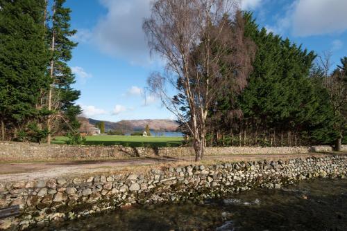 a tree by a stone wall next to a body of water at The Ullswater Inn- The Inn Collection Group in Glenridding