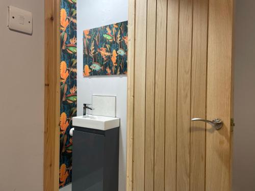 Baño con lavabo junto a una puerta de madera en Barwell Manor - Master room 