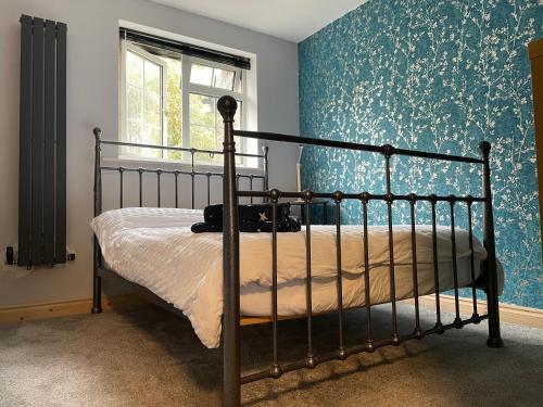 a bedroom with a bed and a blue wall at Barwell Manor - Master room 