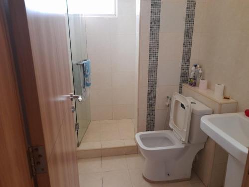 a bathroom with a shower and a toilet and a sink at Serena Beach View Apartment in Mombasa