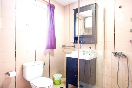 La salle de bains est pourvue de toilettes, d'un lavabo et d'une douche. dans l'établissement 2 bedrooms appartement with wifi at Las Palmas de Gran Canaria, à Las Palmas de Gran Canaria