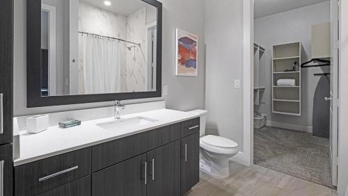 a bathroom with a sink and a toilet and a mirror at Landing - Modern Apartment with Amazing Amenities (ID1403X351) in Houston