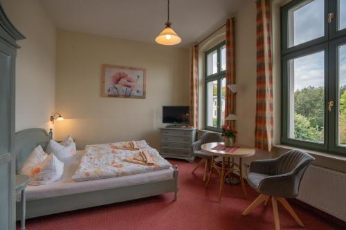 um quarto com uma cama, uma mesa e uma cadeira em Villa Stock Studio em Heringsdorf