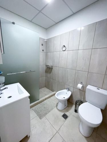a bathroom with a toilet and a sink and a shower at Nahuel Apart in Esquel