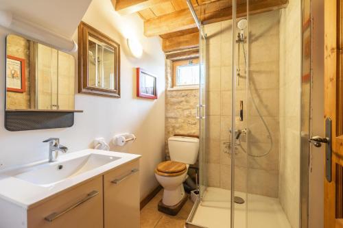 ein Bad mit einer Dusche, einem WC und einem Waschbecken in der Unterkunft L'arbre - Gîtes De La Tournerie in Gémozac
