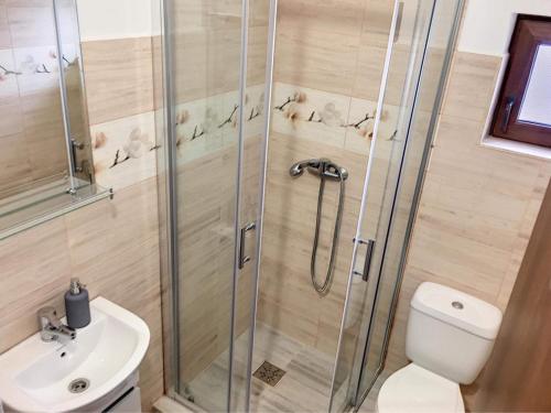 a bathroom with a shower with a toilet and a sink at Casa Bozi in Utvin