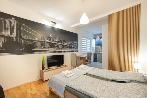 a bedroom with a bed and a wall with a picture at V & V Studio Apartments 2 in Niš