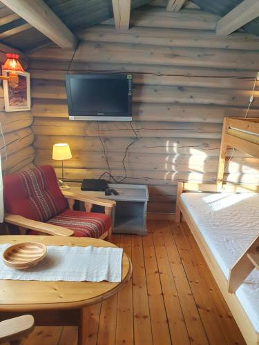 Bjørgebu Camping AS في Mysusæter: غرفة معيشة مع تلفزيون وأريكة وطاولة