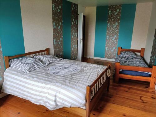 2 Betten in einem Schlafzimmer mit grünen Wänden und Holzböden in der Unterkunft Villa de 3 chambres avec terrasse et wifi a Saint Georges de Baroille in Saint-Georges-de-Baroille