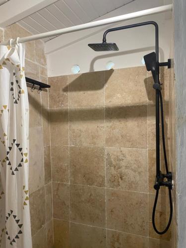 a shower in a bathroom with a shower curtain at Blue dream Bungalow in Le Gosier