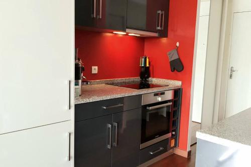 - une cuisine avec des murs rouges et une cuisinière noire dans l'établissement Appartement d'une chambre avec terrasse et wifi a Poissy, à Poissy