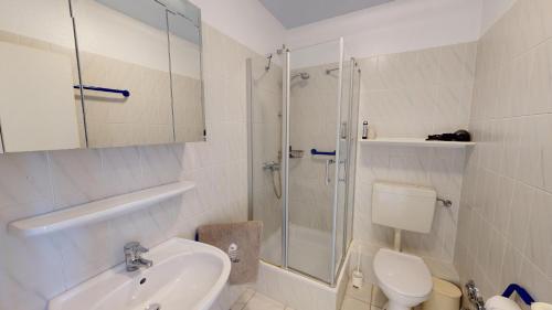 ein Bad mit einer Dusche, einem Waschbecken und einem WC in der Unterkunft NeuKlosterhof App. 23 in Pelzerhaken
