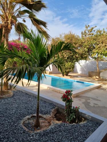 una piscina con una palmera en un patio en la villa somone, en Somone