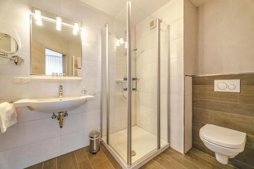 a bathroom with a shower and a sink and a toilet at Haus Kieferneck in Willingen