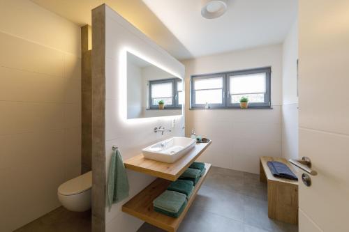 a bathroom with a sink and a toilet at Lindenberg Apartments in Wernigerode